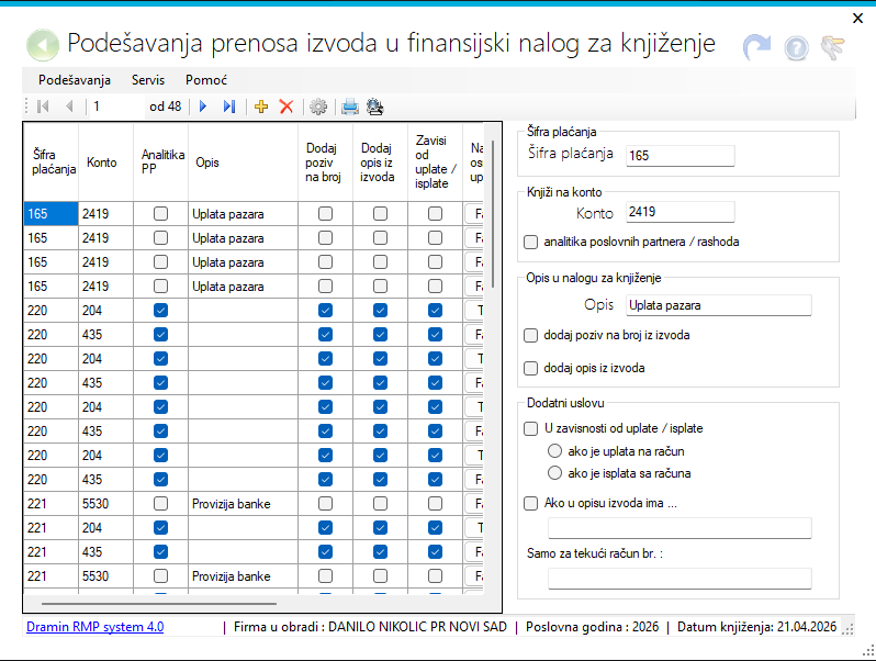 Podešavanja prenosa izvoda u finansijski nalog za knjiženje