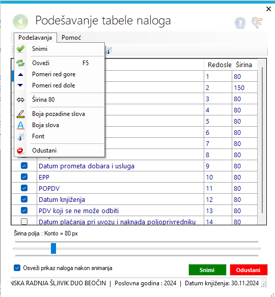 Podešavanje tabele naloga