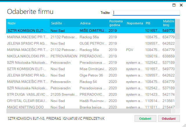 Prikaz promene firme i godine