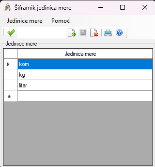 Jedinice mere - Šifrarnici Ugostitelj